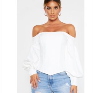 White Bardot balloon sleeve corset top from pretty little thing